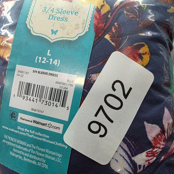The Pioneer Woman Blue Floral 3/4 Sleeve Dress Rayon Spandex Blend L (12-14) - Picture 9 of 9